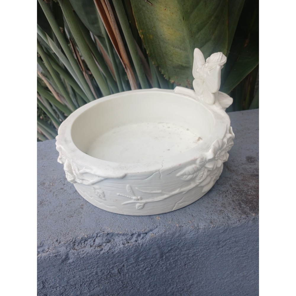 Vintage White Fairy Garden Bowl Floral Dragonfly Resin Planter Trinket Dish - Picture 4 of 10